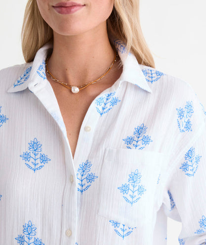Birdie Gauze Button-Down -White Lia Blockprint