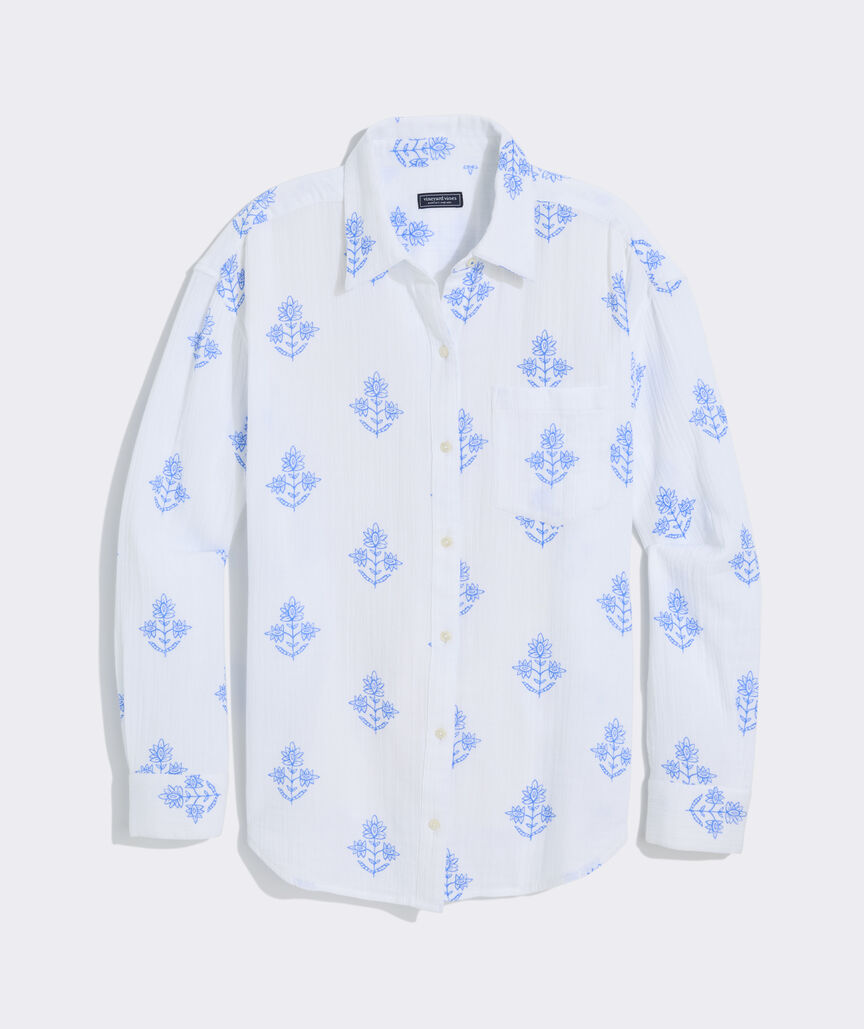 Birdie Gauze Button-Down -White Lia Blockprint