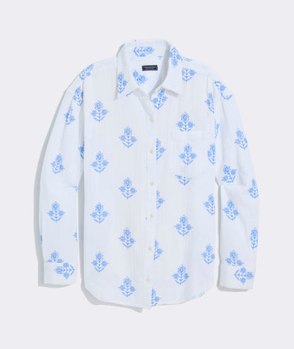 Birdie Gauze Button-Down -White Lia Blockprint