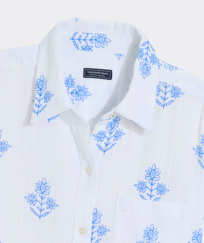 Birdie Gauze Button-Down -White Lia Blockprint
