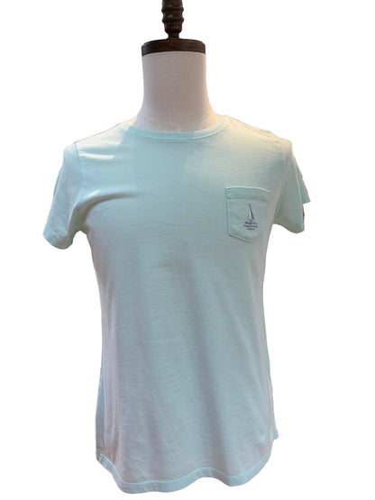 Women's Sunset Regatta Custom Saugatuck Scene Short Sleeve Tee - Bleached Aqua