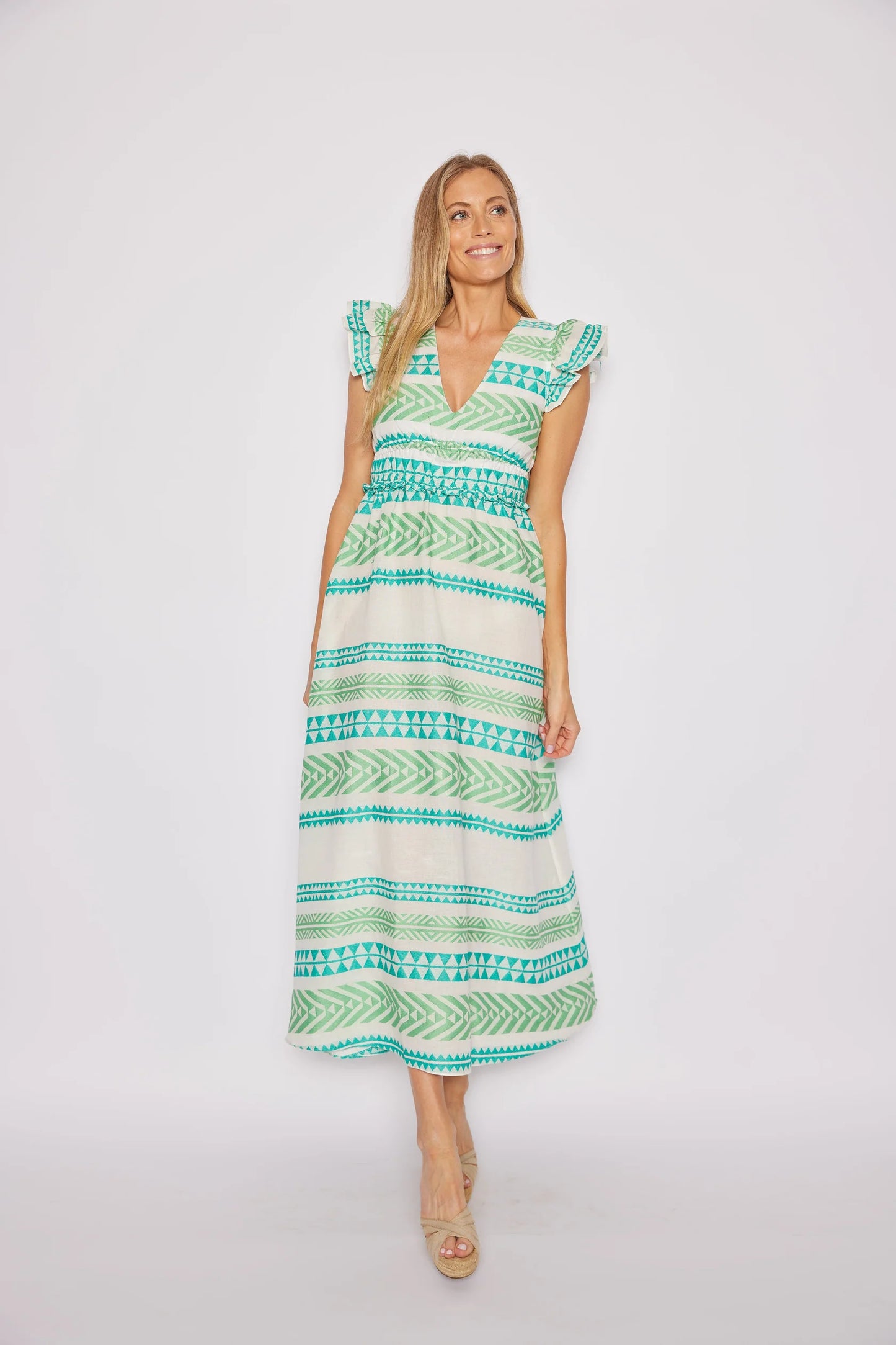 Multi Stripe V-Neck Flutter Sleeve Maxi