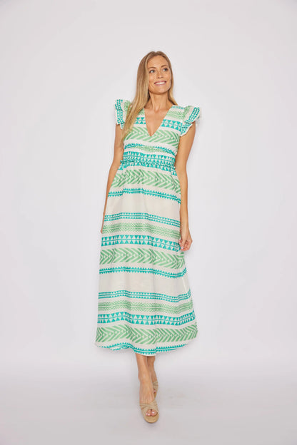 Multi Stripe V-Neck Flutter Sleeve Maxi