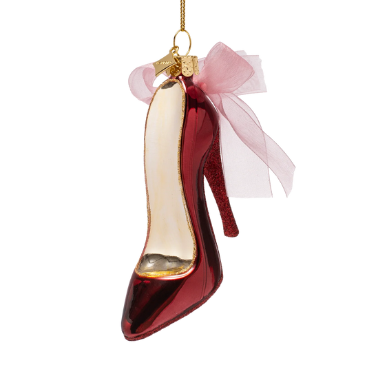 Ornament glass burgundy high heel w/ bow