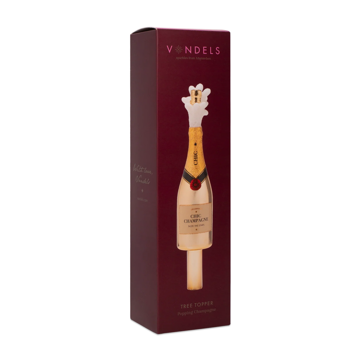 Tree topper glass popping Champagne bottle