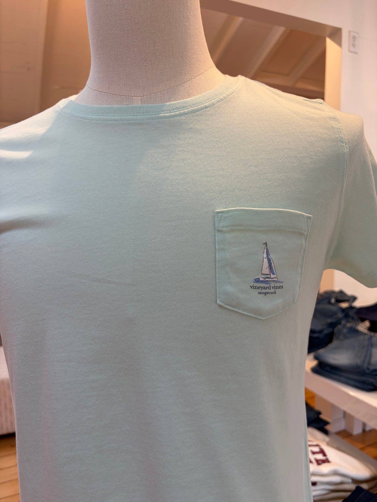 Women's Sunset Regatta Custom Saugatuck Scene Short Sleeve Tee - Bleached Aqua