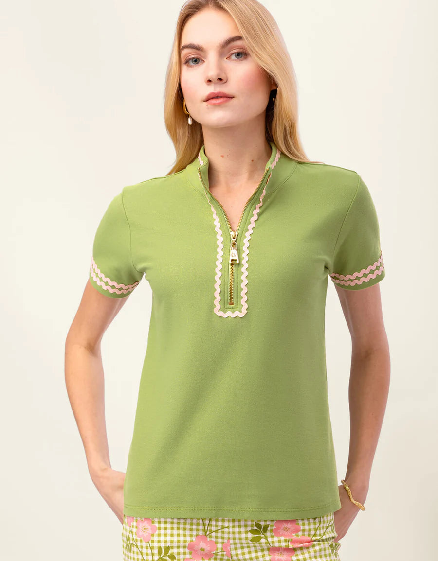 Serena Ric Rac Short Sleeve Zip Top Green Meadow
