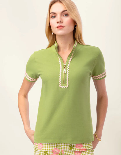 Serena Ric Rac Short Sleeve Zip Top Green Meadow