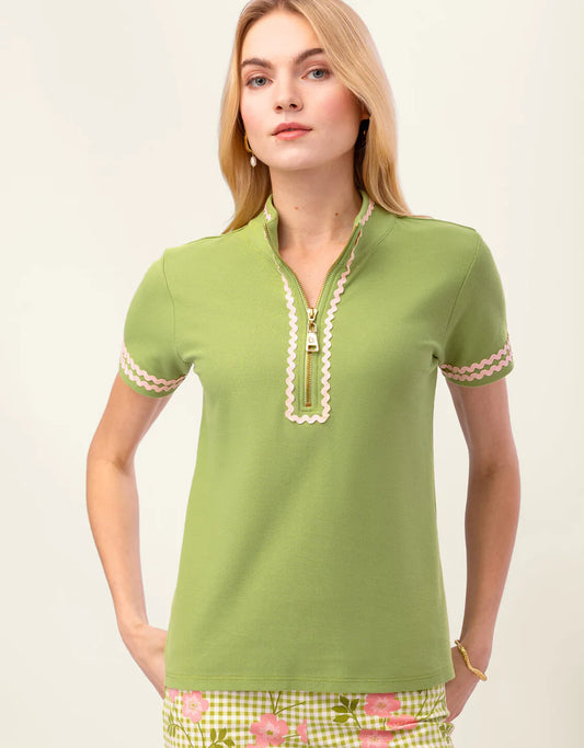 Serena Ric Rac Short Sleeve Zip Top Green Meadow