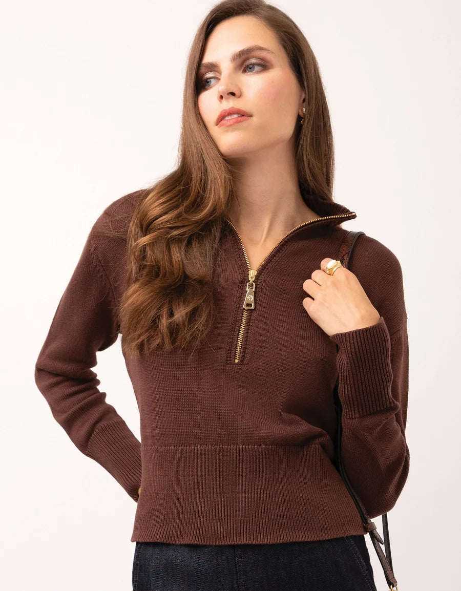 Carlie Half Zip Sweater - Deep Mahogany