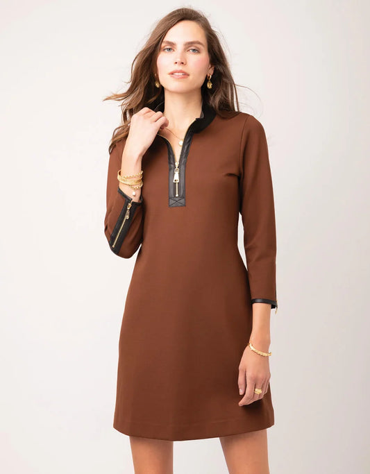 Nora Half Zip Ponte Dress w/ Vegan Leather Espresso