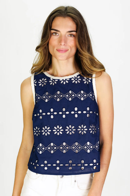 Amy Eyelet Top in Navy Garden Eyelet