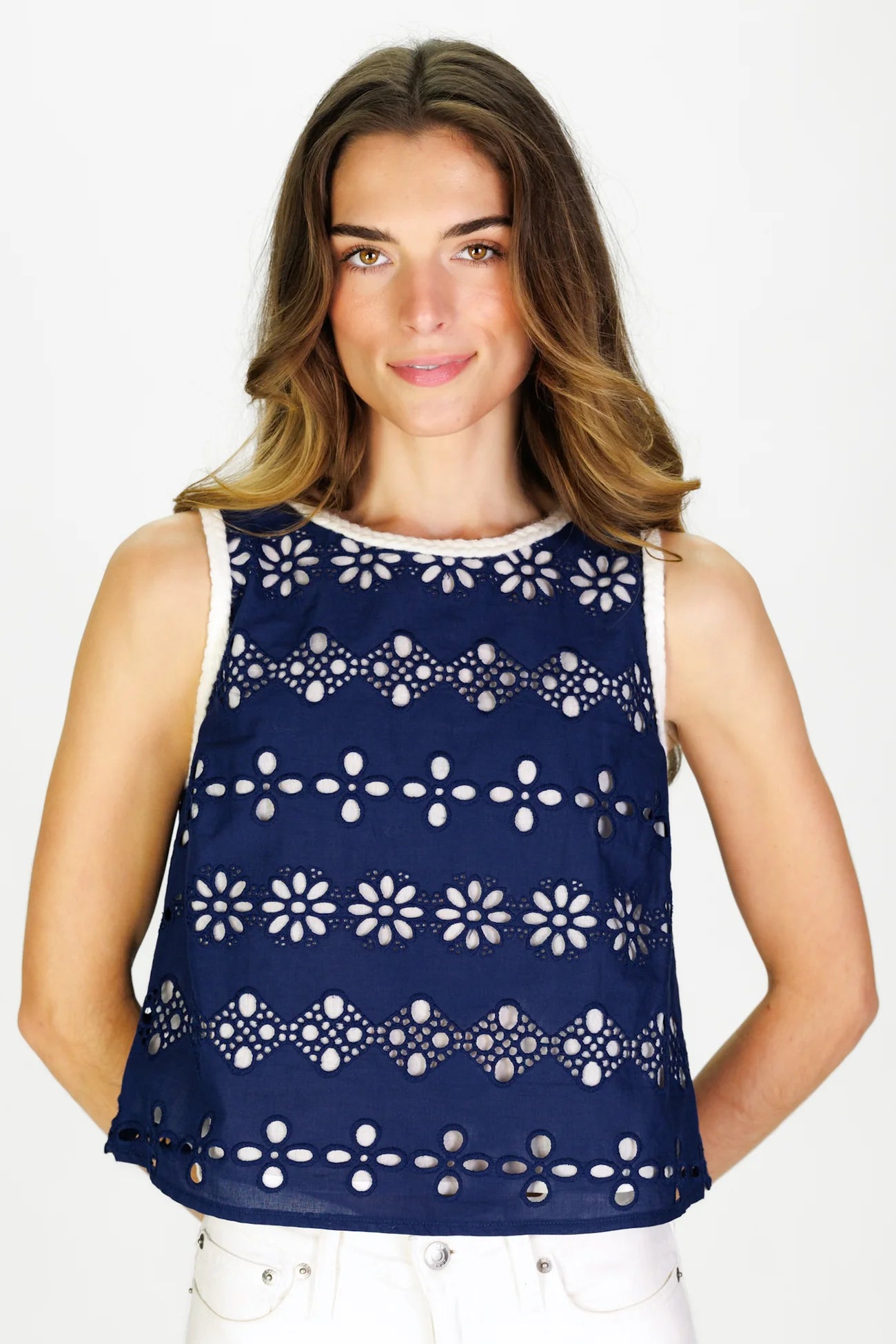Amy Eyelet Top in Navy Garden Eyelet