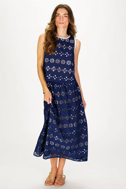 Amy Eyelet Top in Navy Garden Eyelet