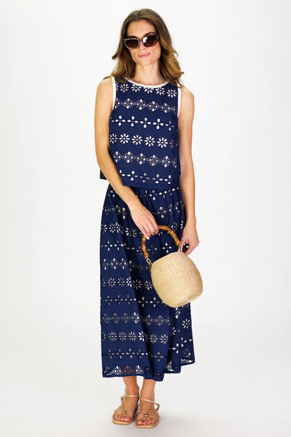 Amy Eyelet Top in Navy Garden Eyelet