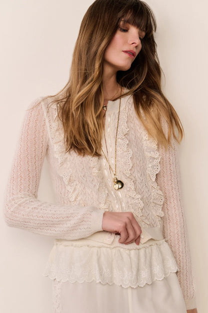 Melisse Eyelet Ruffle Cardigan - Aspen White
