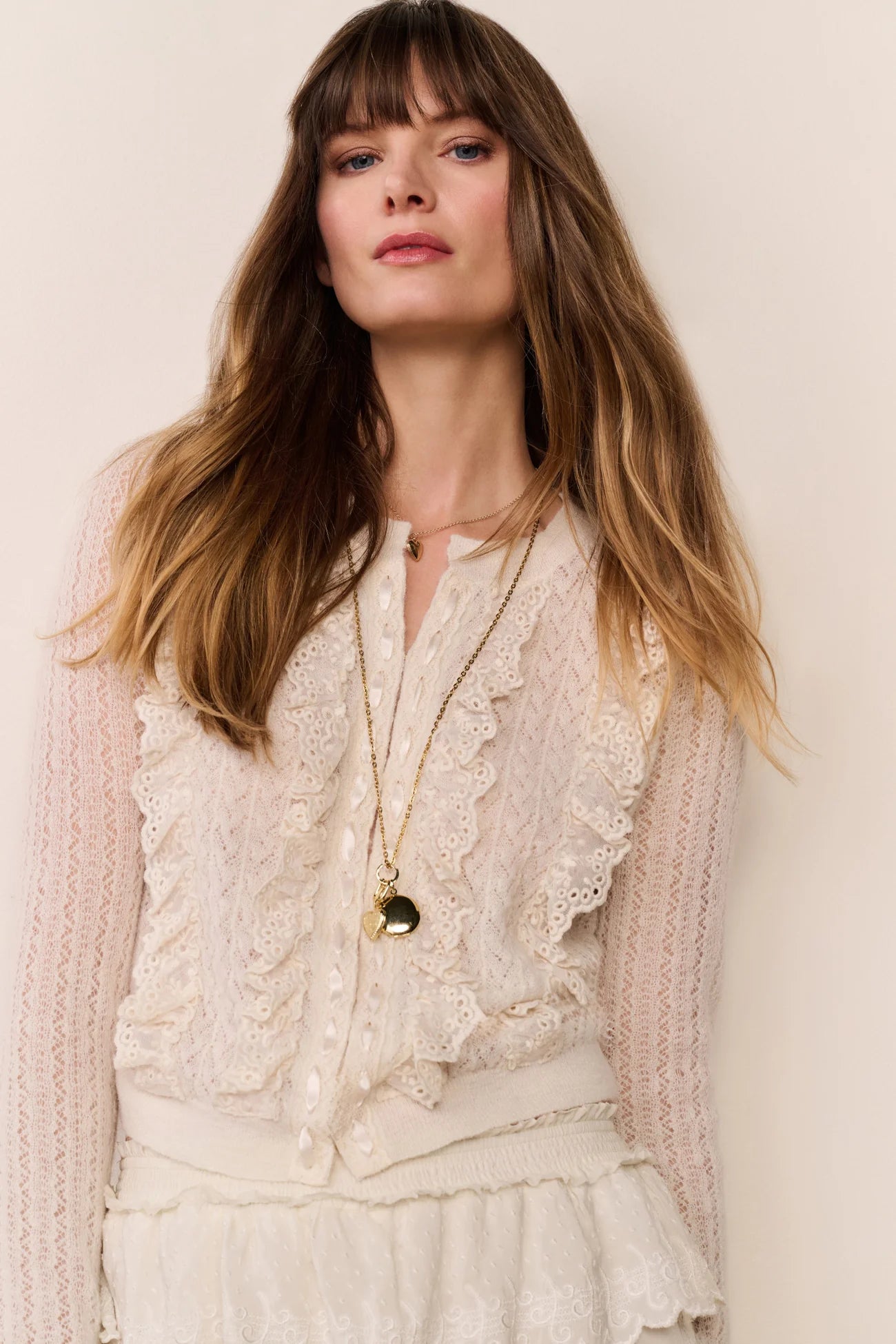 Melisse Eyelet Ruffle Cardigan - Aspen White