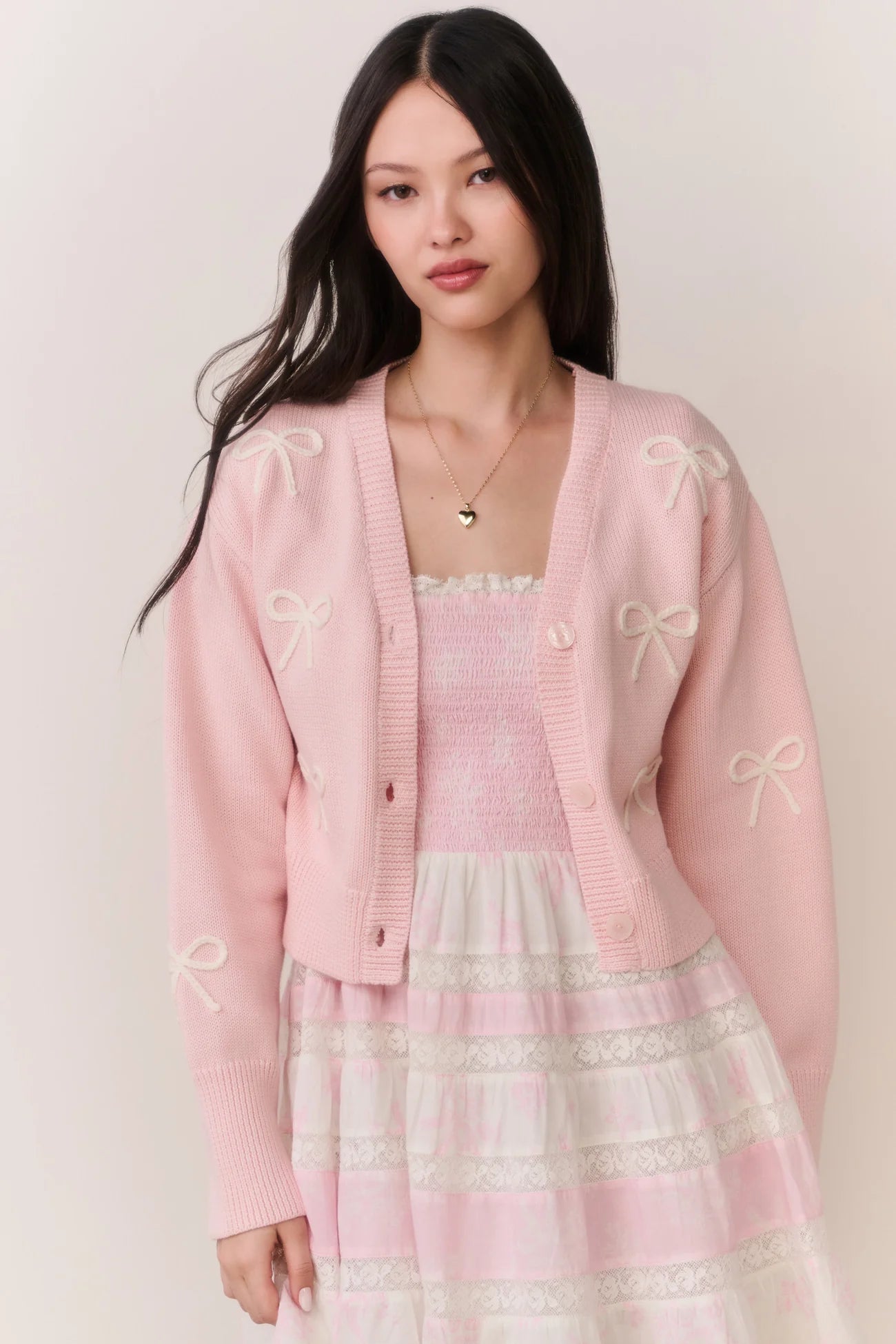 Francette Cotton Bow Embroidered Cardigan - Petal Meringue