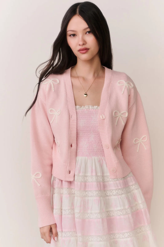 Francette Cotton Bow Embroidered Cardigan - Petal Meringue