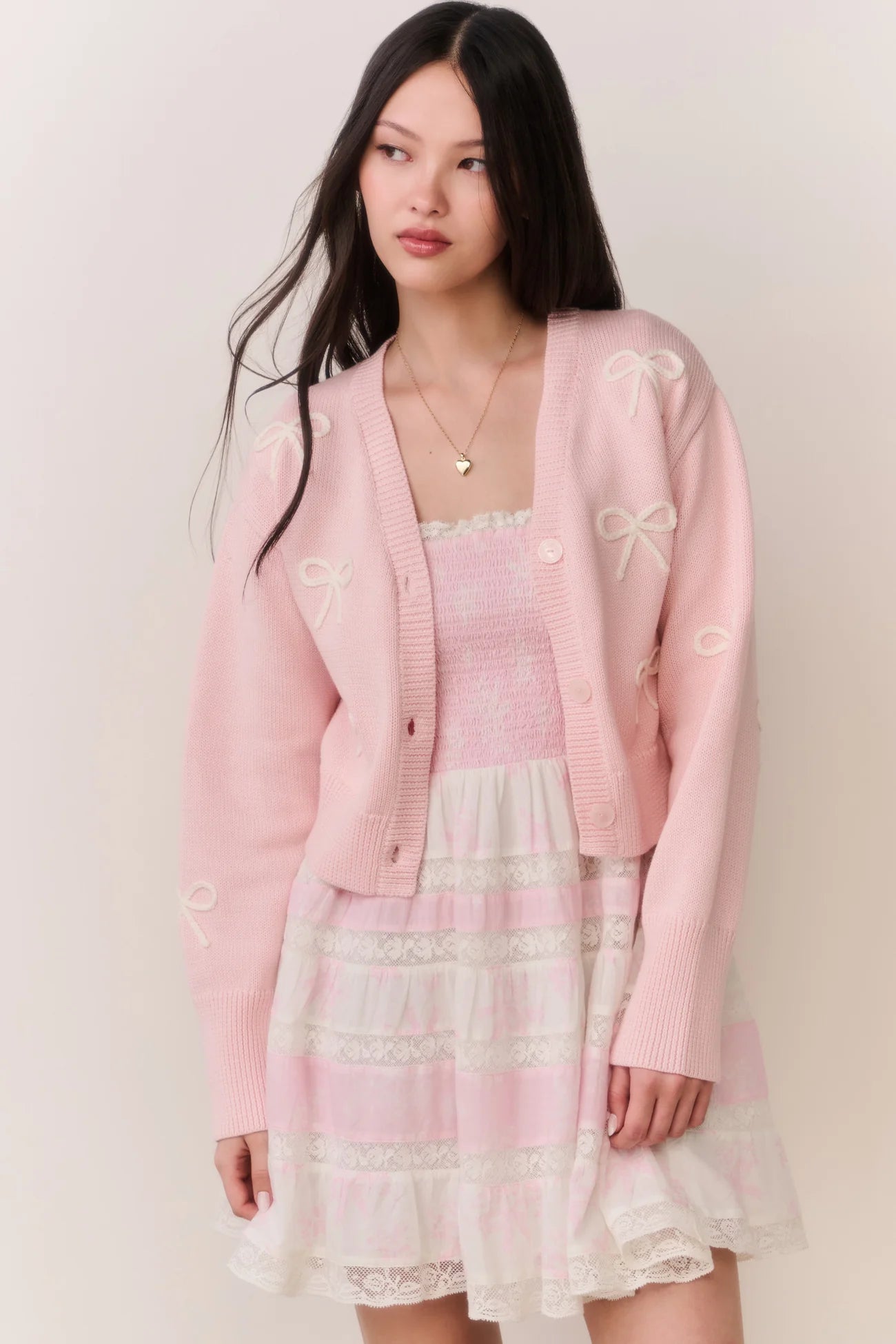 Francette Cotton Bow Embroidered Cardigan - Petal Meringue