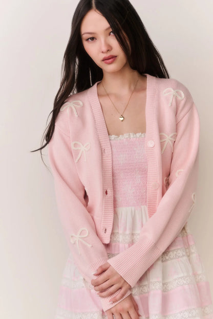 Francette Cotton Bow Embroidered Cardigan - Petal Meringue