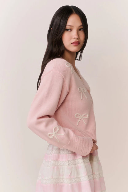 Francette Cotton Bow Embroidered Cardigan - Petal Meringue