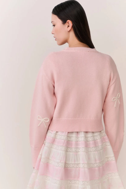 Francette Cotton Bow Embroidered Cardigan - Petal Meringue