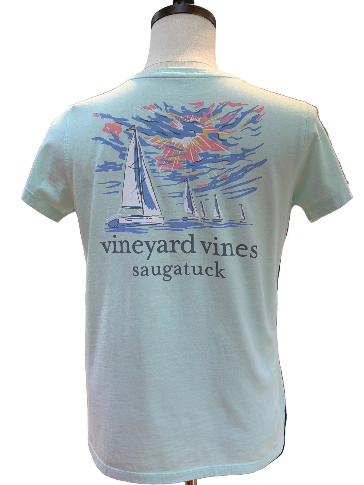 Women's Sunset Regatta Custom Saugatuck Scene Short Sleeve Tee - Bleached Aqua