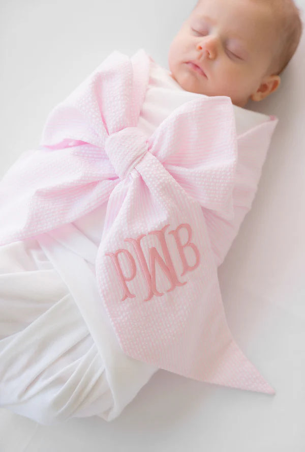 Bow Swaddle ® - Pink Savannah Seersucker