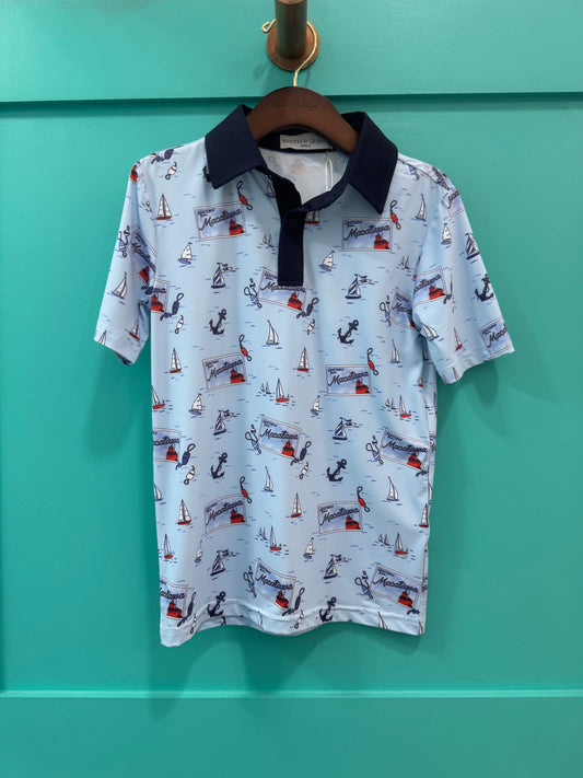 The Boy's Little Teddy Polo with Navy Collar - Greetings From Macatawa