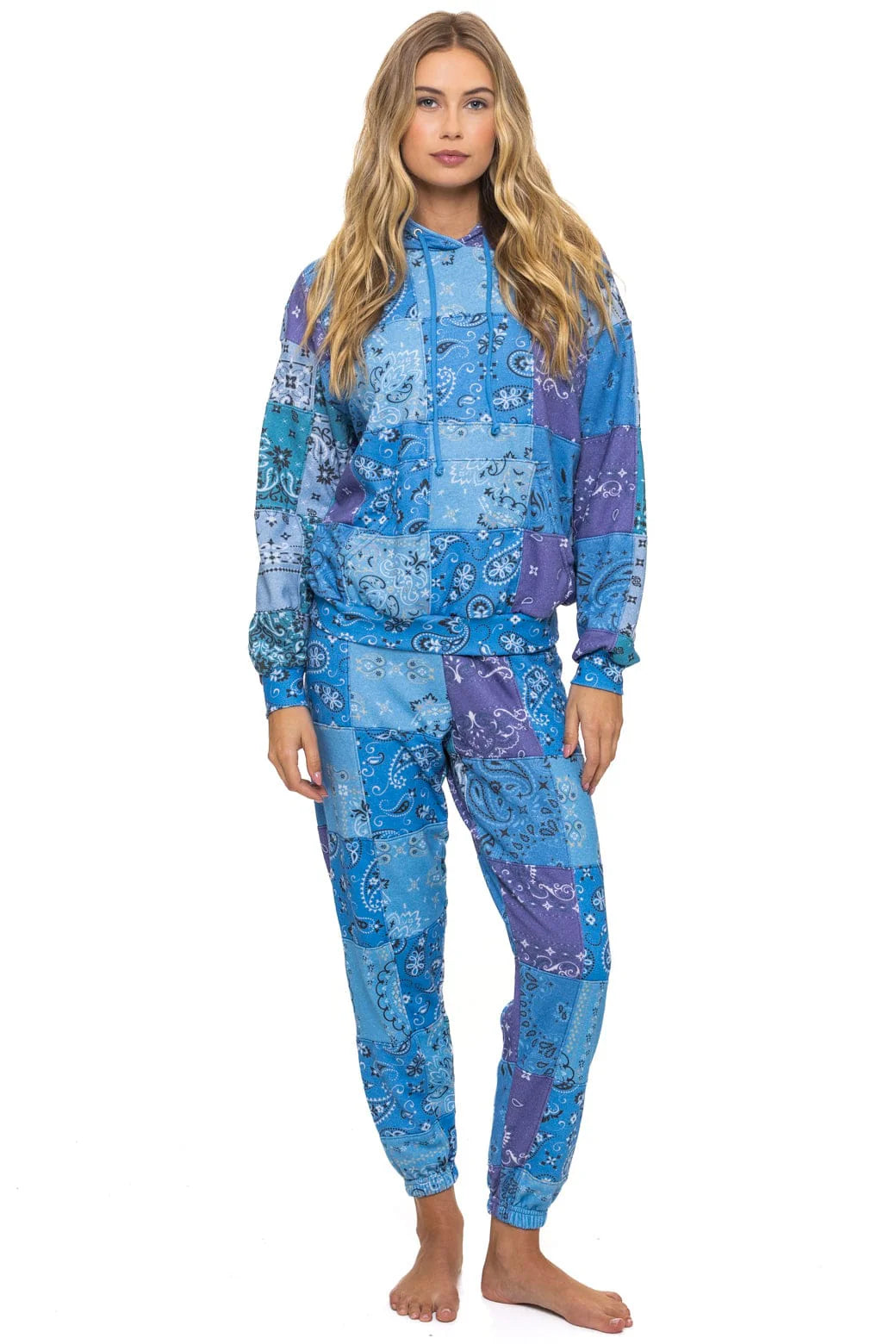 Bandana Quilted Relaxed Pullover Hoodie - Blue