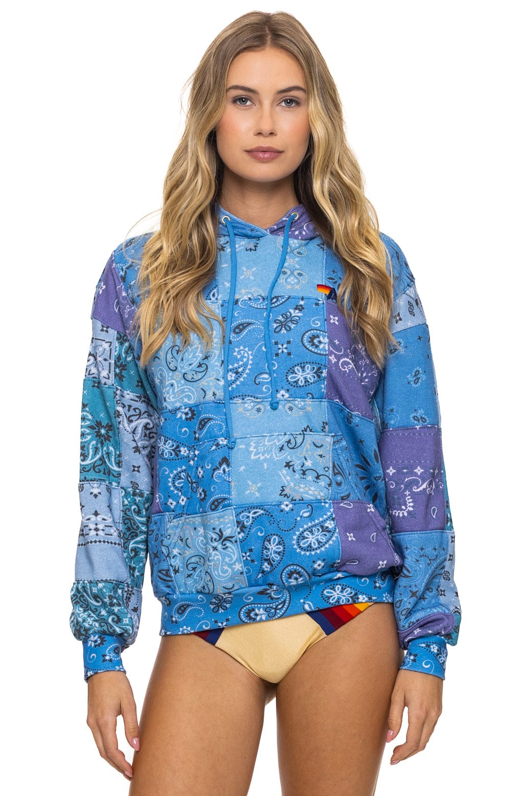 Bandana Quilted Relaxed Pullover Hoodie - Blue
