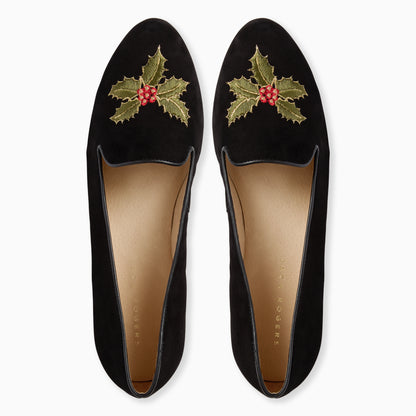 Embroidered Holly Loafer - Black Suede