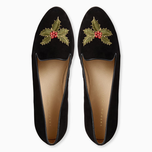 Embroidered Holly Loafer - Black Suede