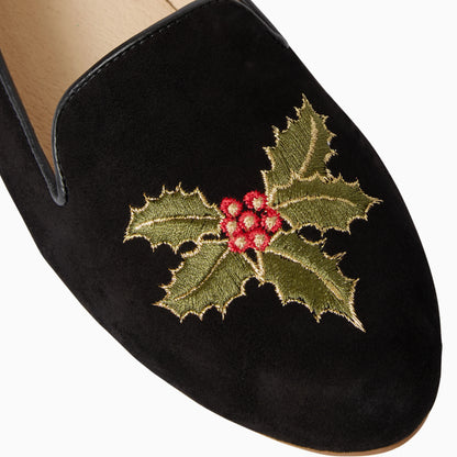 Embroidered Holly Loafer - Black Suede