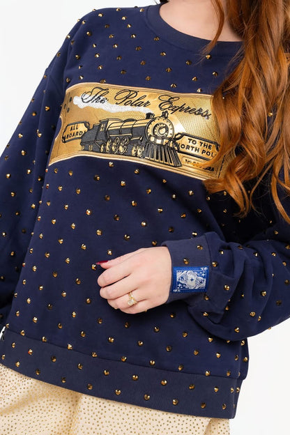 Licensed Navy Polar Express Scattered Rhinestone Metallic Foil Train Ticket Sweatshirt