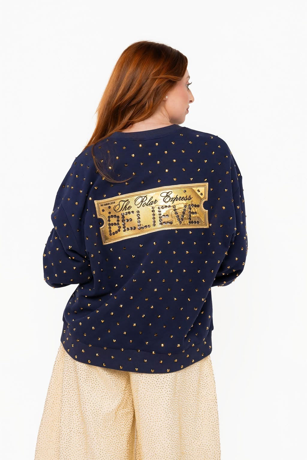 Licensed Navy Polar Express Scattered Rhinestone Metallic Foil Train Ticket Sweatshirt