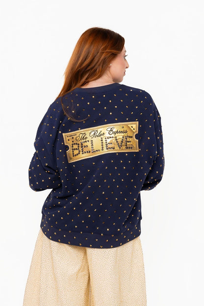 Licensed Navy Polar Express Scattered Rhinestone Metallic Foil Train Ticket Sweatshirt