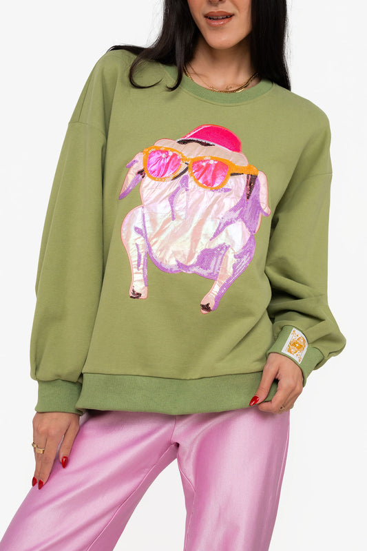 Licensed Green FRIENDS™ Metallic & Sequin Turkey with Sunglasses Sweatshirt