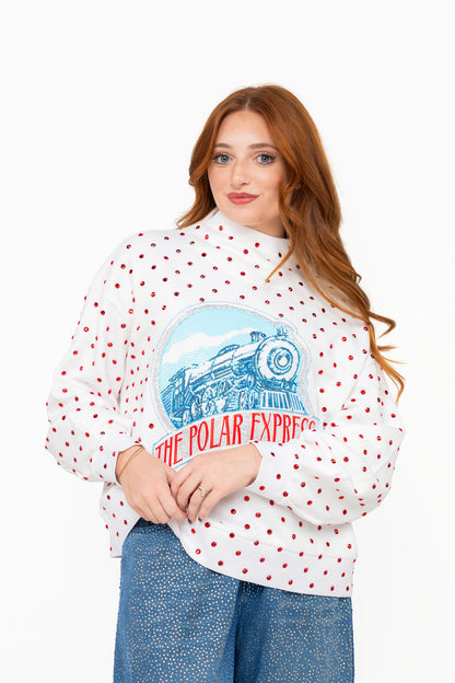 Licensed White Scattered Rhinestone Sequin, Rhinestone & Beaded Polar Express Train Mockneck Sweatshirt