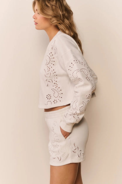 Abrah Bandana Eyelet Fleece Shorts - True White