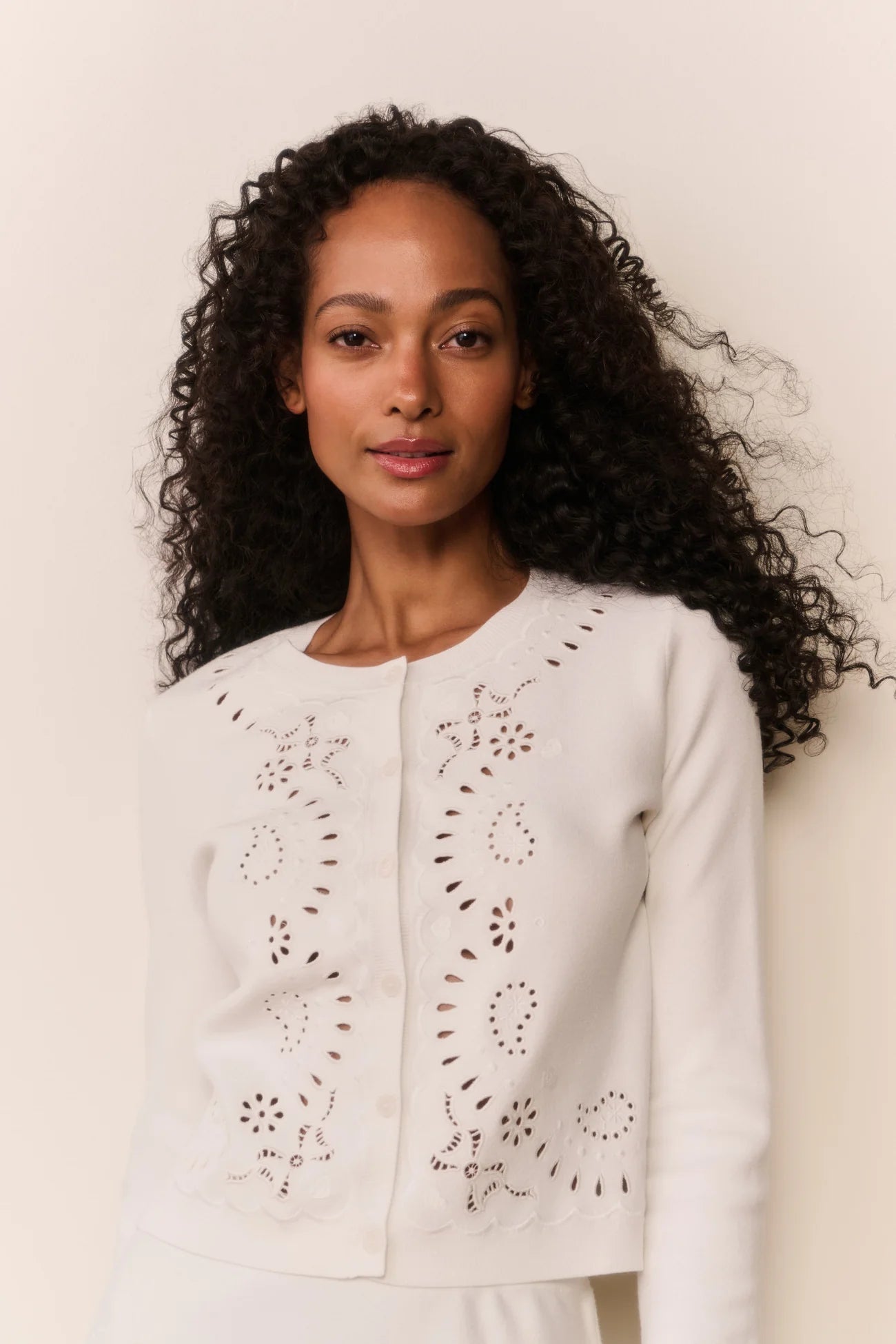 Leda Bandana Eyelet Knit Cardigan - White Vanilla