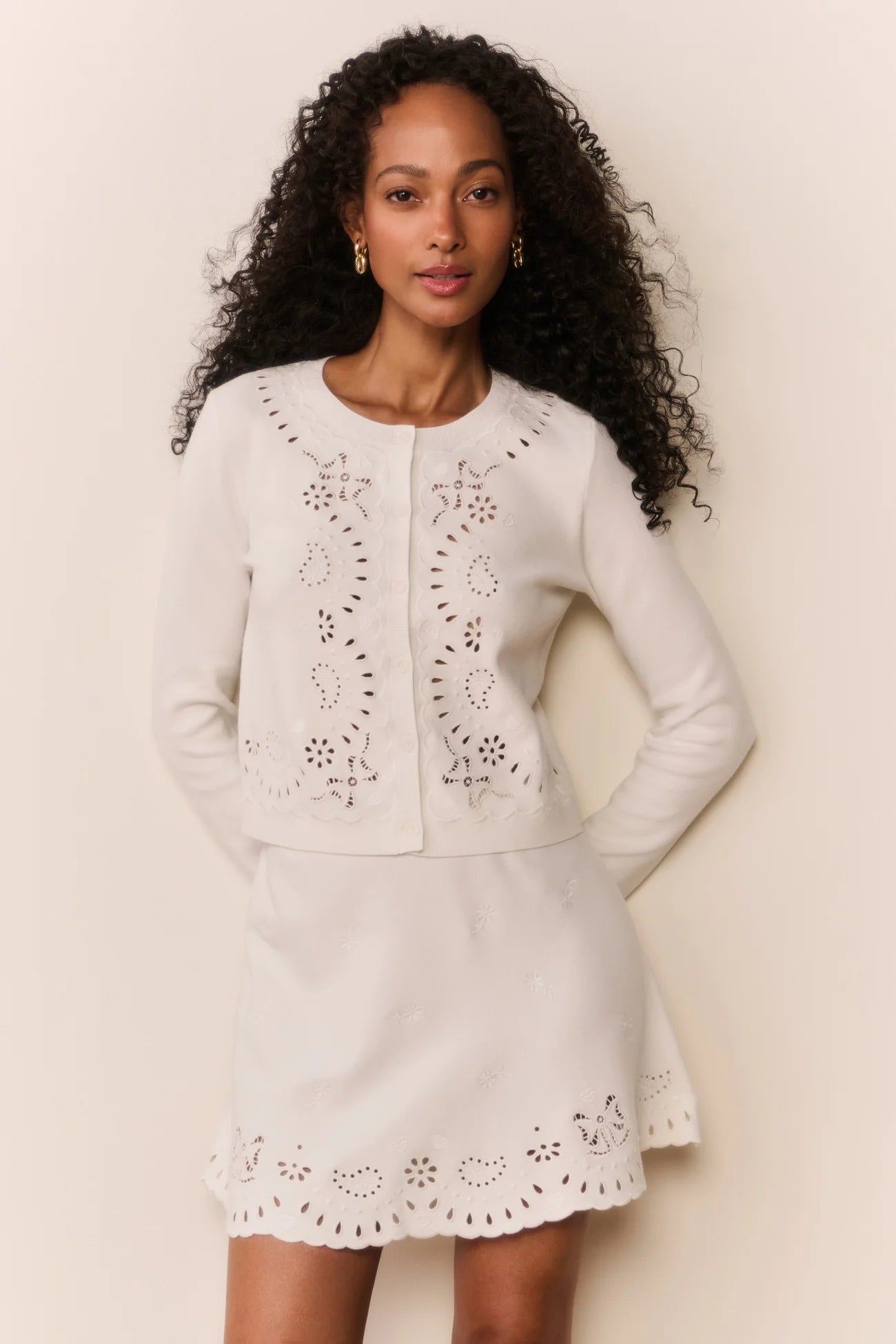 Leda Bandana Eyelet Knit Cardigan - White Vanilla