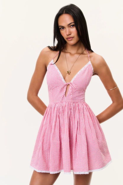 Khloe Cotton Gingham Mini Dress - Berry Bramble