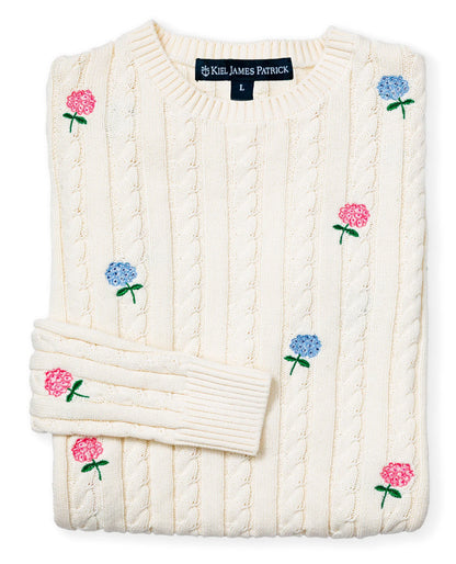 Hydrangea Embroidered Cable Knit Sweater