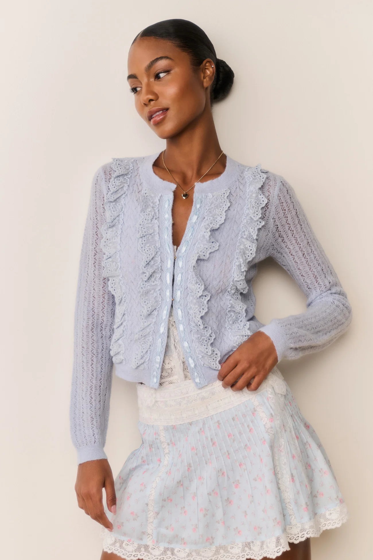 Melisse Eyelet Ruffle Cardigan - Wistful Blue