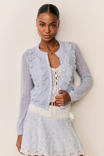 Melisse Eyelet Ruffle Cardigan - Wistful Blue