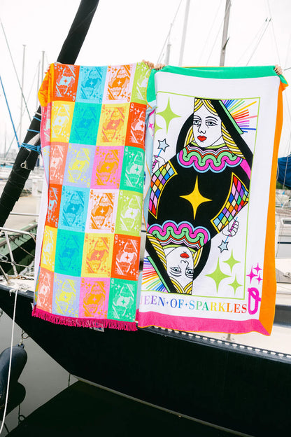 Multi Colorblock QOS Card Logo Fringe Beach Towel