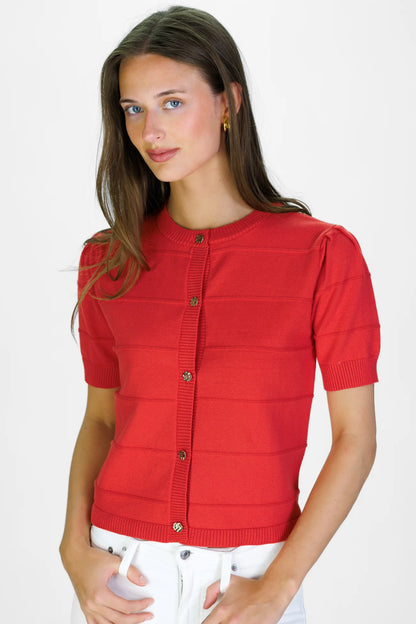Puff Sleeve Textured Stripe Cardigan in Red Orange