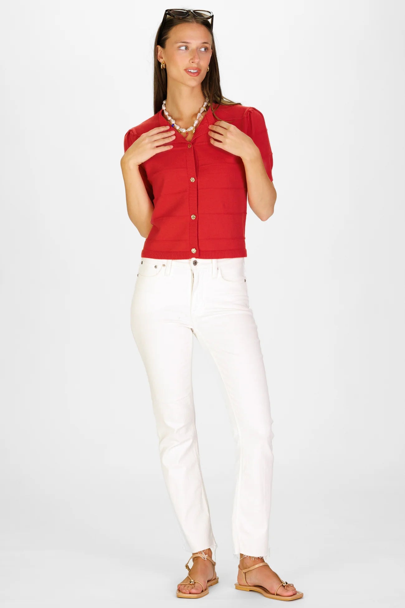 Puff Sleeve Textured Stripe Cardigan in Red Orange